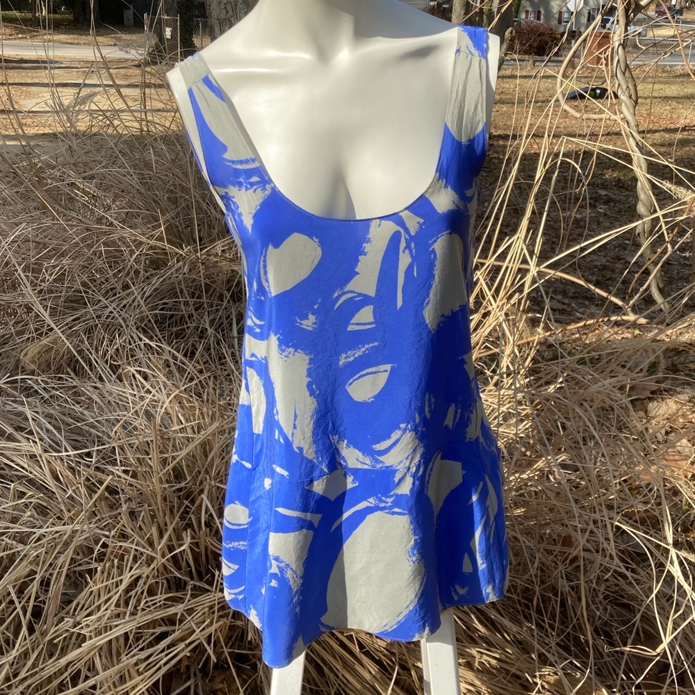 April May Silk Blue & Gray scoop neck & back Peplum tank top XS